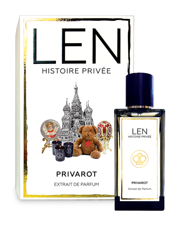 Flacone di profumo LEN Histoire Privée Privatot con confezione elegante e dettagli decorativi.