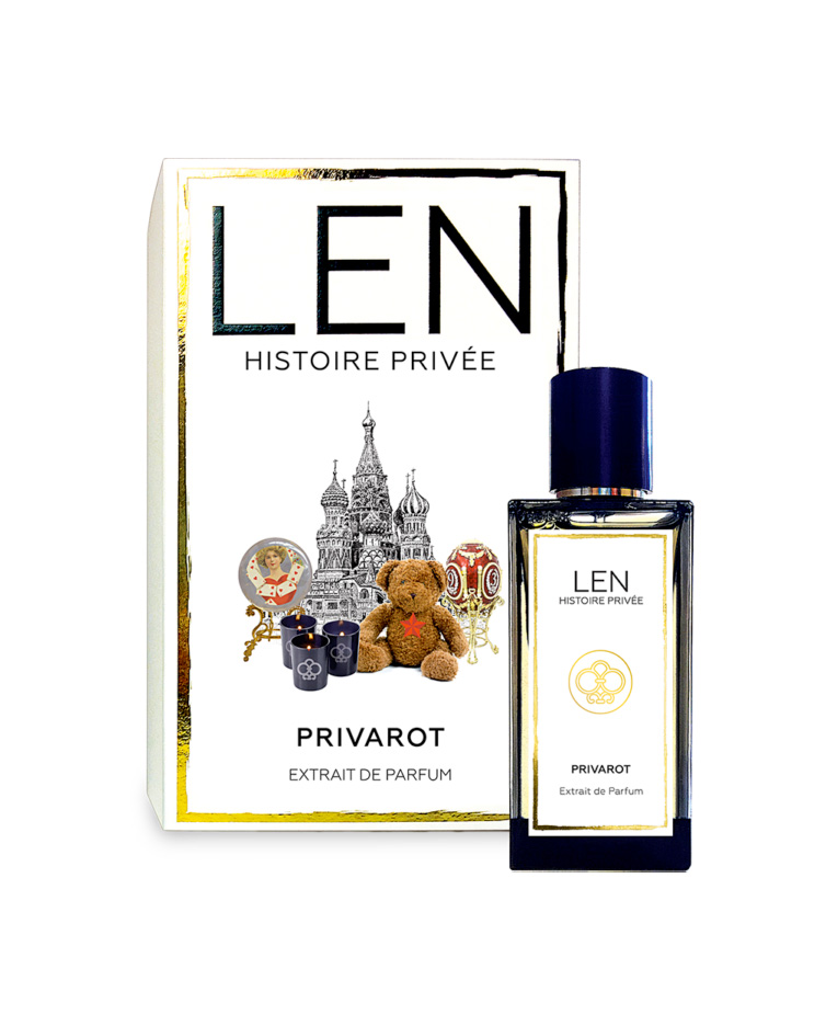 Flacone di profumo LEN Histoire Privée Privat con scatola decorativa e design distintivo.